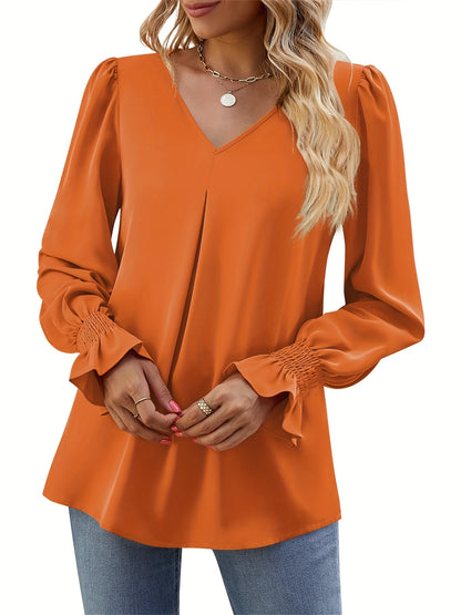 Solid V Neck Simple Blouse, Elegant Long Sleeve Ruched Blouse, Women's Clothing