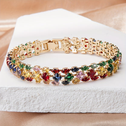 Pulseira feminina elegante, boho-chic, geométrica e multicolorida com fecho de relógio em zircónia - perfeita para o dia a dia e para as festas de Natal.