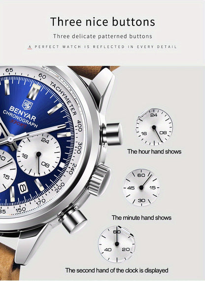 Relógio BENYAR para homem, marca de alta qualidade, desportivo, multifunções, cronógrafo, quartzo, preto, elegante, com calendário e bracelete em pele.