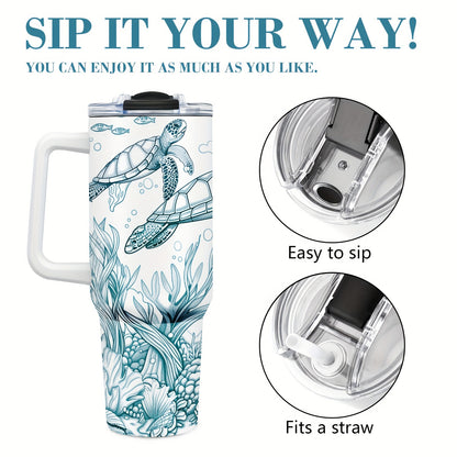 1pc Sea Turtle Tumbler 40oz Tumbler with Handle, Stainless Steel Turtle Water Bottle Travel Mug Coffee Wine Cups Sea Turtle Tumblers for Sea Turtle Lovers Gifts for Women