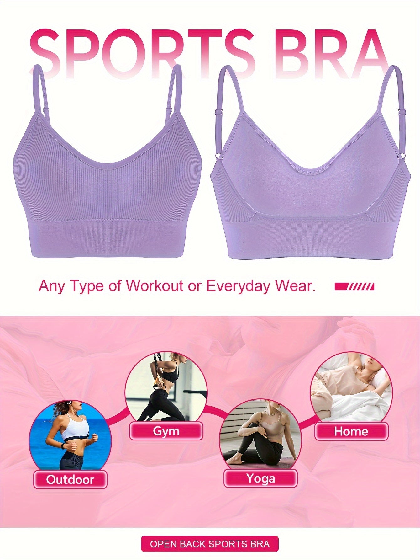 Solid Ribbed Sports Bra, Comfy & Breathable Workout Fitness Intimates Bra, Women's Lingerie & Underwear