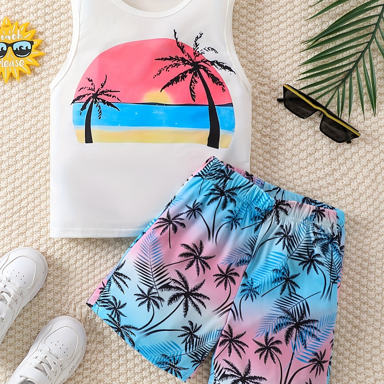 Boy's Coconut Trees Casual Outfit Round Neck Tank Top & Shorts Comfortable Breathable For Summer Kids Clothes Sets, Ideal For Daily & Outdoor Wear