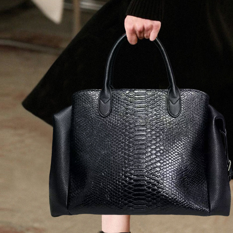 Elegante bolsa feminina com padrão cobra preta - Grande capacidade, alça de ombro removível, couro sintético vegan, perfeita para uso diário e trabalho, presente ideal para as festas de fim de ano, bolsa versátil | Estilo vanguardista | Couro sintético