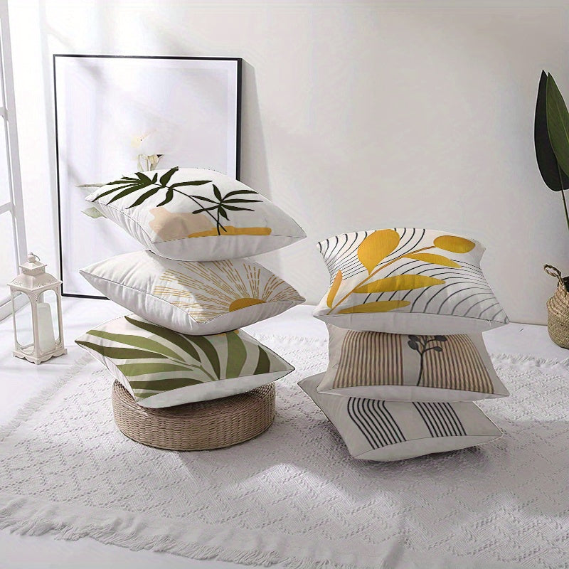 6pcs modern geometric pattern pillow case-white yellow green plant leaf pattern & abstract pattern, breathable zipper closure sofa bedroom car decorative cushion cover, all season machine wash (without inner core), suitable f