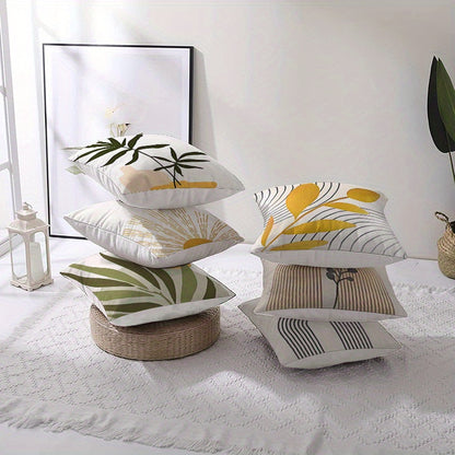 6pcs modern geometric pattern pillow case-white yellow green plant leaf pattern & abstract pattern, breathable zipper closure sofa bedroom car decorative cushion cover, all season machine wash (without inner core), suitable f