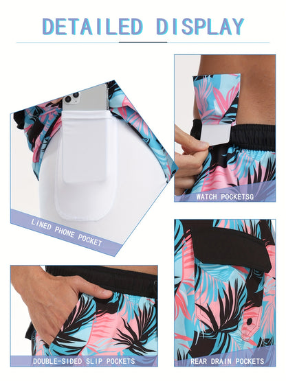 Men's Quick-Dry Beach Shorts with Tropical Palm Tree & Palm Leaf Print - Breathable Stretch Fabric for Summer, Outdoor, Hiking, Swimming - Machine Washable Casual Athletic Shorts, Outdoor Activewear, Summer Shorts