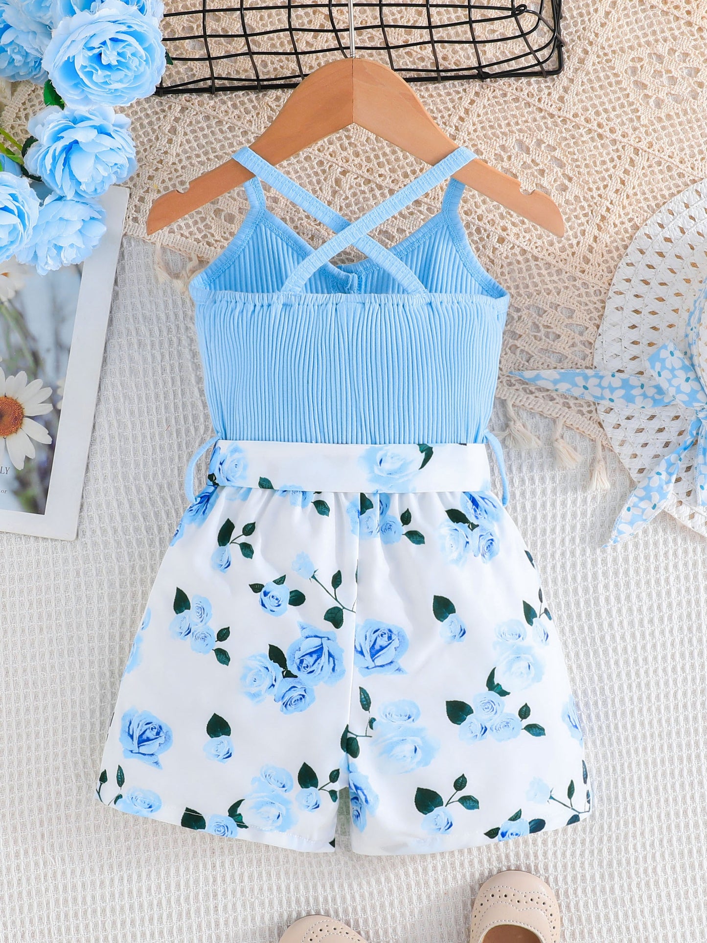 Girls' Summer Casual Floral Print Off-Shoulder Jumpsuit with Adjustable Waist Belt - Lightweight Breathable Shorts for Outdoor Play & Daily Wear, Blue & White Flower Design, Perfect for Weekend Outings, Cute Outfits for Girls