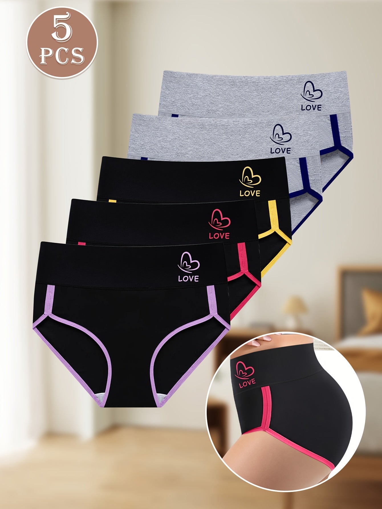 5-Pack Women's High Waist Briefs - Color Block Design, Soft Comfortable Triangle Underwear with Multi-Color Options, Non-Transparent & Hand Wash Only for Everyday Elegant Wear