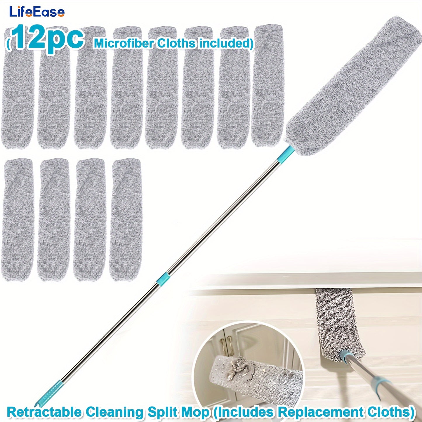 Extended Retractable Dusting Split Mop with 4/6/8/12 Microfiber Dusting Cloths, Underbed Cleaning, for sweeping dust, wiping crevices of sofas, Extended mop for mopping under beds, home cleaning, cleaning tools for the school