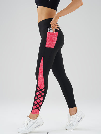 Women's High-Waisted Yoga Pants - Non-See-Through Workout Leggings with Side Pocket, Stretchy Gym Running Pants for Pilates, Cycling, Everyday - Machine Washable Athletic Bottoms (Black/Blue)