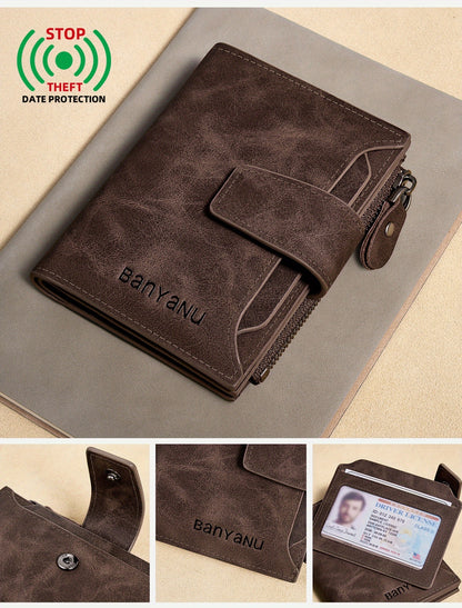 BANYANU Vintage Genuine Leather Wallet for Men - RFID Blocking, 17 Card Slots, Zippered Coin Pocket & Independent Card Holder, Brown, Perfect Father'S Day Gift, Secure Card Storage | Vintage Wallet | Durable Zipper Closure, B