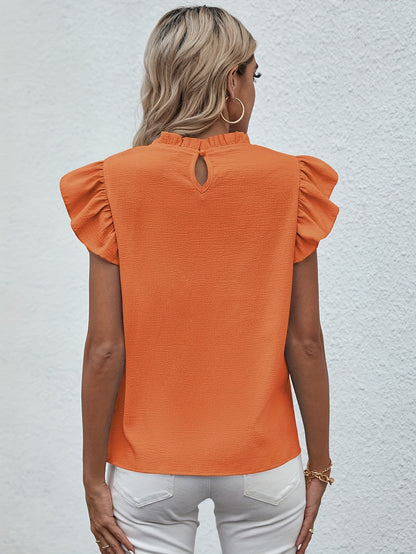 Ruffle Trim Round Neck Blouse, Casual Flutter Sleeve Blouse For Spring & Summer, Women's Clothing Wedding holiday vacation