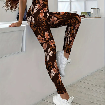 Women's High-Waisted Pants - Non-Slip Elastic Waist Leggings, Brown/Black Tropical Leaf Print, Medium-Stretch Non-See-Through Fabric for,, Casual & Formal Outfits - All-Season Trousers, Leggings, Formal Attire Leggings, Durab
