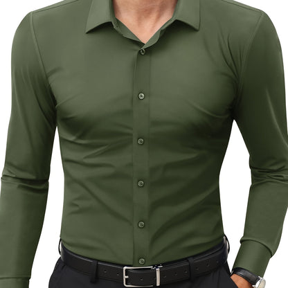 Men'S Slim Fit Long Sleeve Shirt - 55% Cotton, 40% Polyester, 5% Spandex, Solid Color, All-Season, Woven Fabric, Button-Up, Lapel Collar, Casual Weekend Wear, 125g/m²