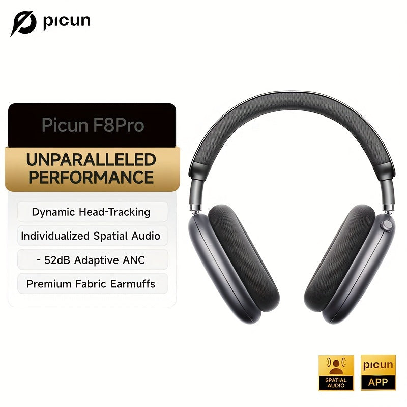 Picun F8 Pro Wireless Over-Ear Headphones with 52dB Hybrid ANC, Hi-Res Audio, Detachable Fabric Ear Cushions, Smart 5-Mic ENC, 140-Hour Standby, and Seamless Dual-Device Connectivity, Black, Wireless Headphones, Modern Headph