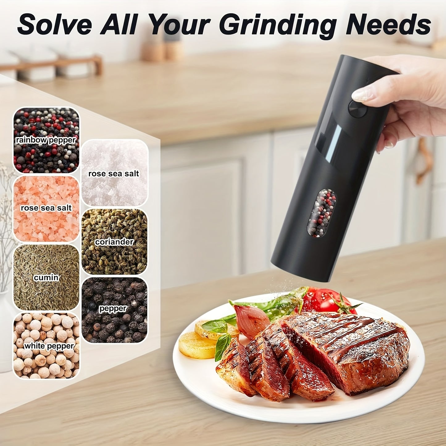 Two-piece portable electric pepper and salt grinder set, with base, USB charging, one-handed operation, adjustable coarseness, 300mAh battery capacity, interchangeable design, essential kitchen helper for cooking, perfect too