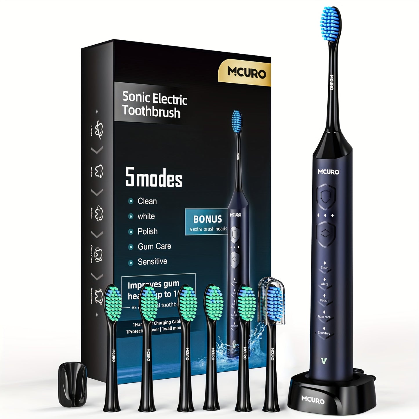 Escova de dentes elétrica sónica recarregável, limpeza profunda com 5 modos, 6 cabeças de escova de substituição, equipada com base de carregamento USB, portátil, ideal para viagens, dormitórios, presente, preta, rosa, azul.