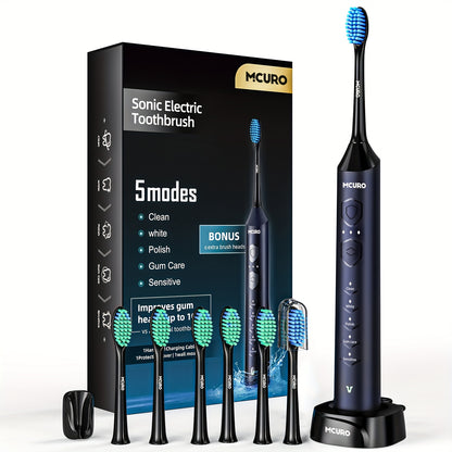 Escova de dentes elétrica sónica recarregável, limpeza profunda com 5 modos, 6 cabeças de escova de substituição, equipada com base de carregamento USB, portátil, ideal para viagens, dormitórios, presente, preta, rosa, azul.