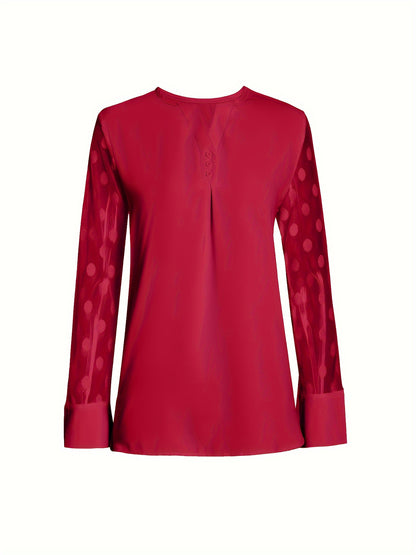 Solid Button Front Blouse, Elegant Long Sleeve Notched Neck Top, Women's Clothing