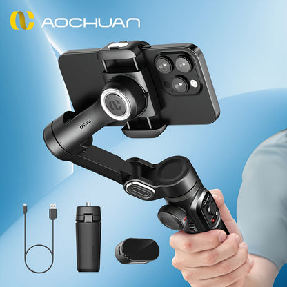 Estabilizador de gimbal portátil AOCHUAN-XE de 3 eixos, dobrável e giratório, com kit opcional de luz de enchimento RGB. Estabilizador de gimbal equilibrado que proporciona estabilidade e função anti-vibração, compatível com o rastreio facial e corporal.