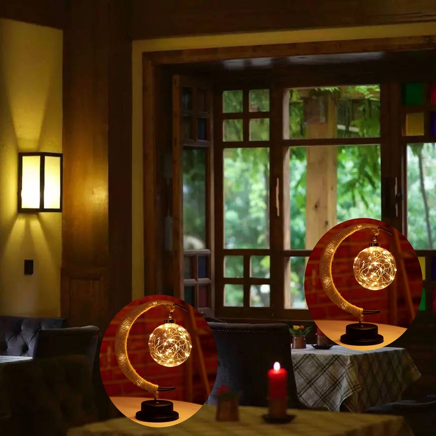 Candeeiro LED em forma de bola, candeeiro de lua em ferro forjado, candeeiro de mesa decorativo em plástico e ferro, candeeiro decorativo para quarto (pilhas não incluídas), decoração de Halloween e Natal para hotéis/restaurantes/eventos.