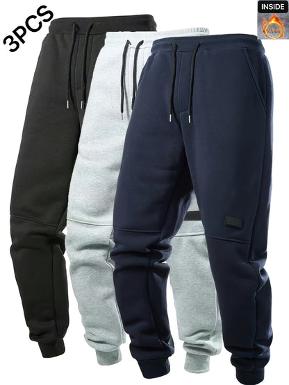 3pcs Men's Casual Athletic Joggers - Durable, Versatile & Warm Polyester Sweatpants with Drawstring Waist, Machine Washable - Black, Dark Gray, Navy Blue