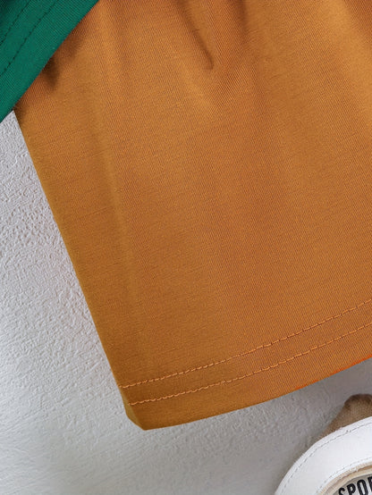 2pcs Set of Boys' Summer Striped Print Round Neck Short Sleeve T-shirt and Casual Shorts