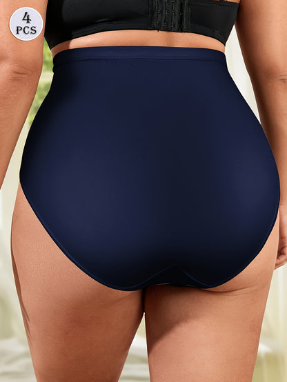 Conjunto de 4 cuecas modeladoras plus size de cintura subida com controlo abdominal, em malha respirável, sem costuras e com detalhe cruzado.