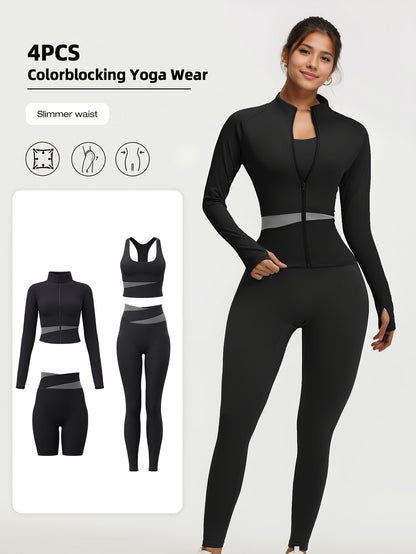 4pcs Women'S Yoga Wear Workout Set with Zipper Jacket Fitness Yoga Leggings Sports Bra Euro Size for Running Fitness And Yoga