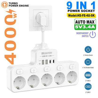 A 9-In-1 Power Strip with USB, Featuring 5 EU Sockets with Individual And Master Switches, 2 USB-A And 2 USB-C Ports, Flexible Cable Sockets, Wall-Mounted Design, Suitable for Home, Kitchen, Office, And Travel.