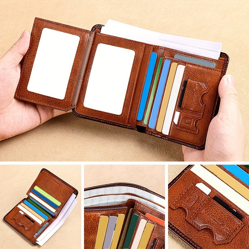 BANYANU Men'S Genuine Leather Short Wallet - Brown, Casual Style, Three-Fold Design, Multiple Card Slots, Anti-Theft Protection, Durable & Stylish for Everyday Use, Secure Card Holder | Casual Wallet | Genuine Leather Wallet