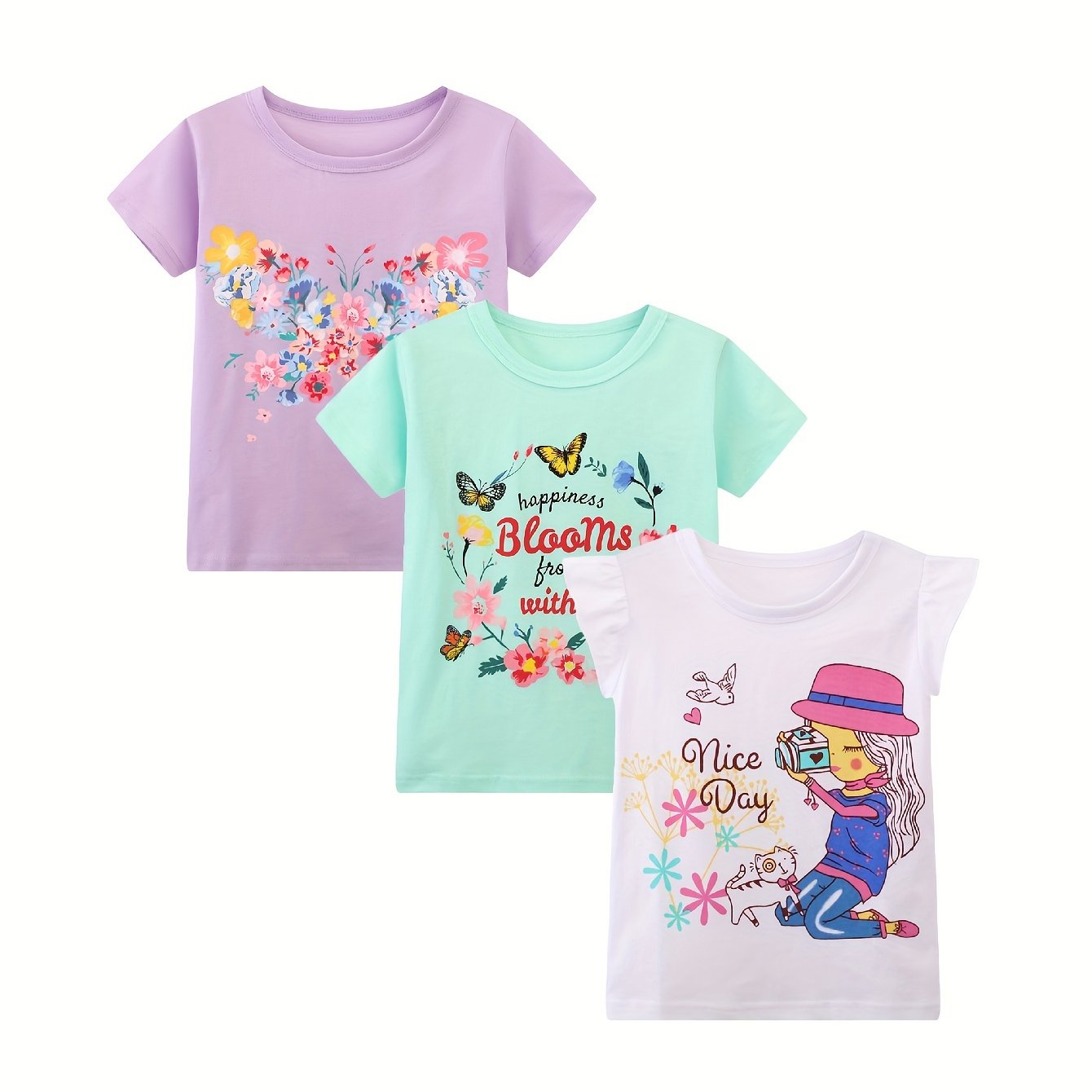 3pcs 100% Cotton Cartoon Graphic Short Sleeve T-shirt Set Summer Clothes Gift Party