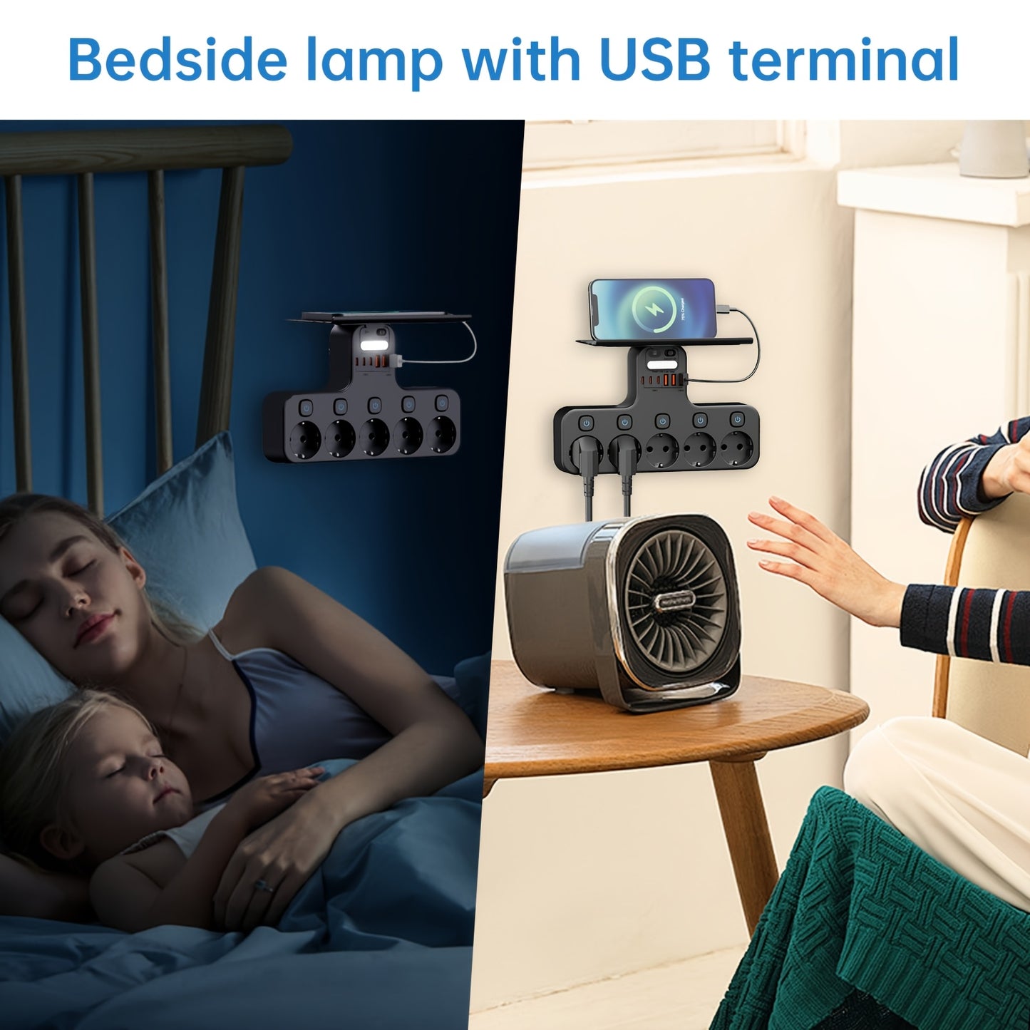 11-in-1 5 Independent Switch Power Socket EU Standard Plug Wall Socket 6 USB (3 Type-C) Solve Your Power Not Enough Trouble Independent Control Smart Sensor Night Light Can Install Mobile Phone Baffle Bracket