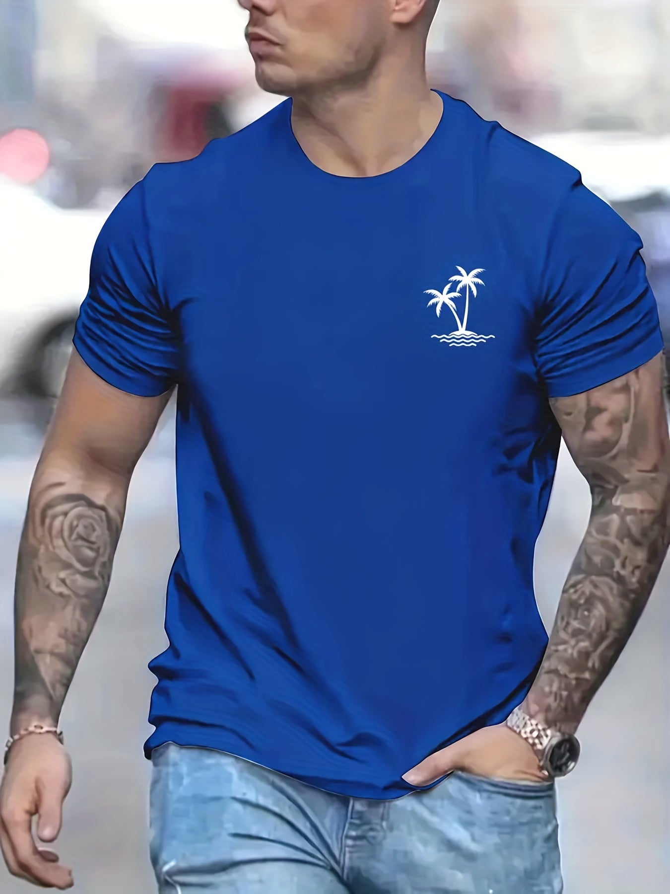 Sketch Style Palm Tree Pattern Top Casual Mid Stretch Short Sleeve Crew Neck Graphic T-shirt, Men's Tee For Summer Outdoor