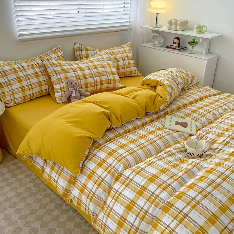4pcs quilt set (1*quilt cover + 1*bed sheet + 2*pillowcases, excluding quilt core), yellow and white line printed bedding set, soft and comfortable four-season quilt cover, suitable for bedroom and guest room
