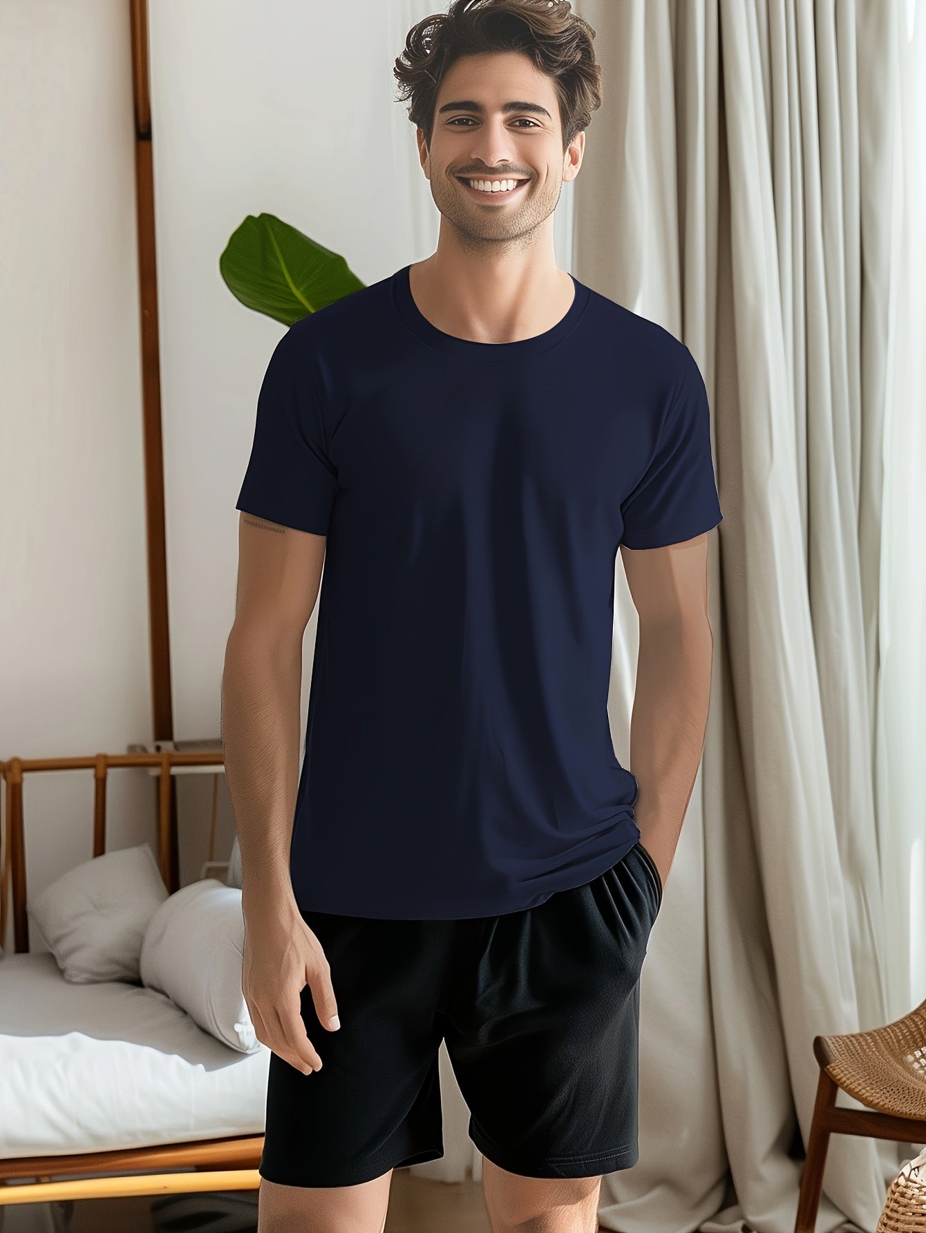Conjunto de 4 t-shirts casuais para homem de cor sólida, estilo simples, manga curta e gola redonda, ideais para usar em casa, como pijama ou para atividades ao ar livre no verão.