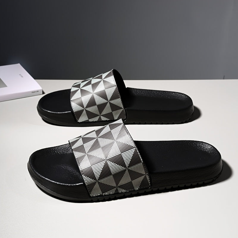 Sandálias de verão tipo slide para homem - Chinelos casuais antiderrapantes com sola macia e estampado geométrico, preto e cinzento, confortáveis ​​para uso interior e exterior.