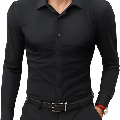 Men'S Slim Fit Long Sleeve Shirt - 55% Cotton, 40% Polyester, 5% Spandex, Solid Color, All-Season, Woven Fabric, Button-Up, Lapel Collar, Casual Weekend Wear, 125g/m²