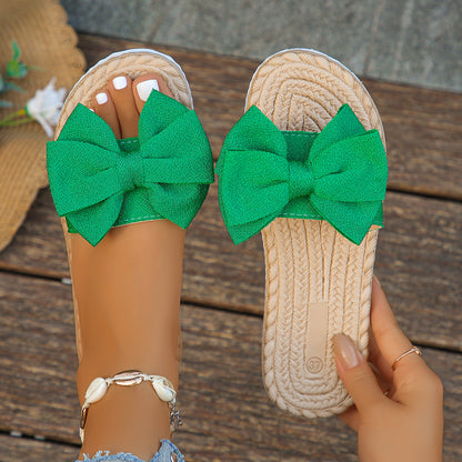 Women's Beige Bowknot Flat Slides - Stylish Open-Toe Non-Slip Summer Beach Sandals, Comfortable EVA Sole for Casual Attire, Vacation, and Casual Outfits, Ladies Sandals