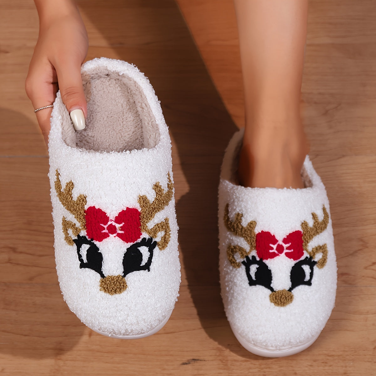 Christmas Tree Pattern Fuzzy Slippers, Winter Warm Closed Toe Flat Floor Shoes, Cozy Soft Sole Plush Home Slippers