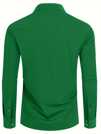 Men'S Slim Fit Long Sleeve Shirt - 55% Cotton, 40% Polyester, 5% Spandex, Solid Color, All-Season, Woven Fabric, Button-Up, Lapel Collar, Casual Weekend Wear, 125g/m²