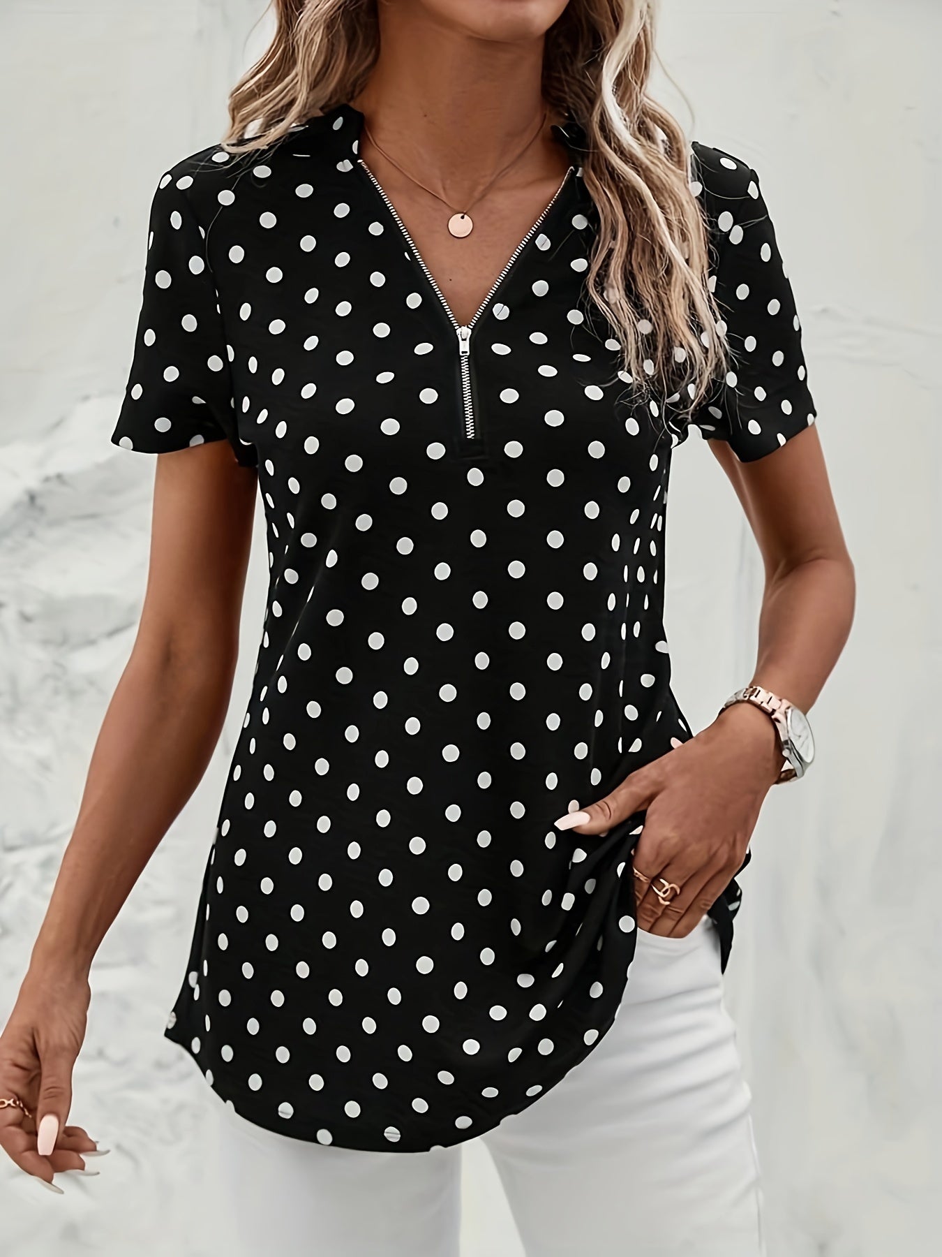 Polka Dots Print V Neck Blouse, Elegant Zipper Front Short Sleeve Blouse For Spring & Summer, Women's Clothing