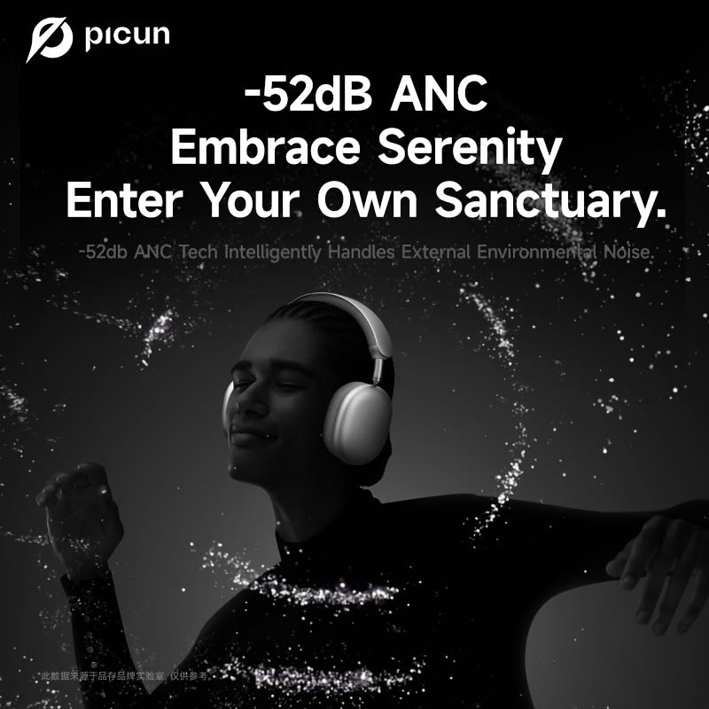 Picun F8 Pro Wireless Over-Ear Headphones with 52dB Hybrid ANC, Hi-Res Audio, Detachable Fabric Ear Cushions, Smart 5-Mic ENC, 140-Hour Standby, and Seamless Dual-Device Connectivity, Black, Wireless Headphones, Modern Headph