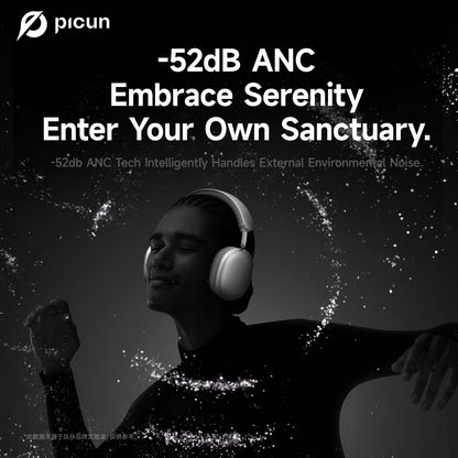 Picun F8 Pro Wireless Over-Ear Headphones with 52dB Hybrid ANC, Hi-Res Audio, Detachable Fabric Ear Cushions, Smart 5-Mic ENC, 140-Hour Standby, and Seamless Dual-Device Connectivity, Black, Wireless Headphones, Modern Headph