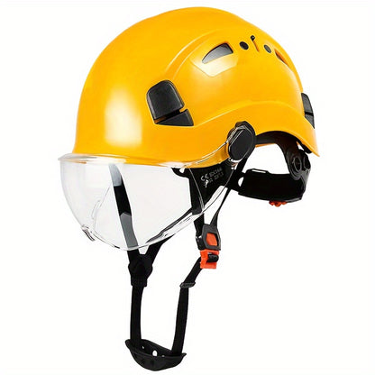Capacete de segurança ajustável com viseira integrada - Plástico ABS durável, design ergonómico para utilização na construção civil e indústria, branco, equipamento de segurança para a construção, acabamento brilhante elegante, tiras de ajuste seguro.