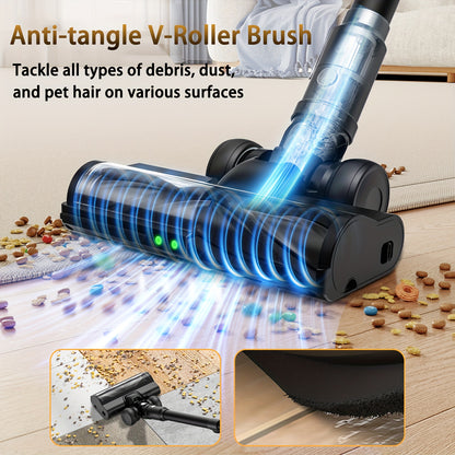 Cordless Vacuum Cleaner, 45KPA Self-Standing Vacuum Cleaner for Home, Stick Vacuum with 60 Mins Runtime, Wall Mount Charging, LED Display, Upgraded Green Light & Anti-Tangle Floor Brush for Pet Hair, Carpet & Hard Floors