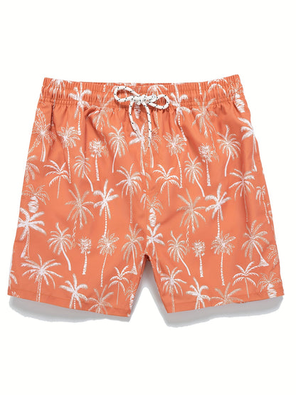 Men's Quick Dry Hawaiian Board Shorts With Pockets, Casual Coconut Tree Graphic Drawstring Swim Trunks For Summer Vacation Beach Pool Outdoor
