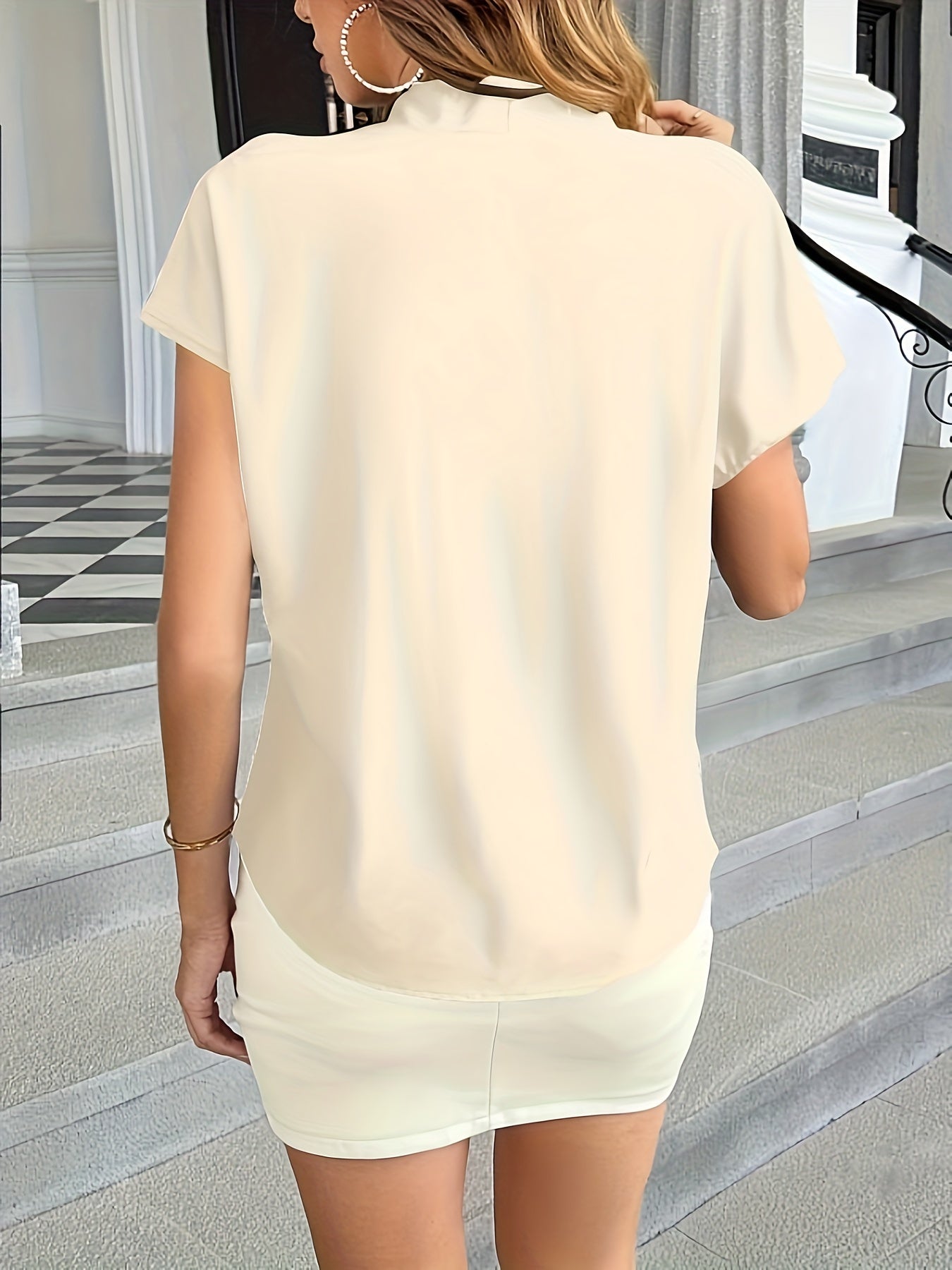 Solid V-neck Simple Blouse, Versatile Short Sleeve Blouse For Spring & Summer, Women's Clothing