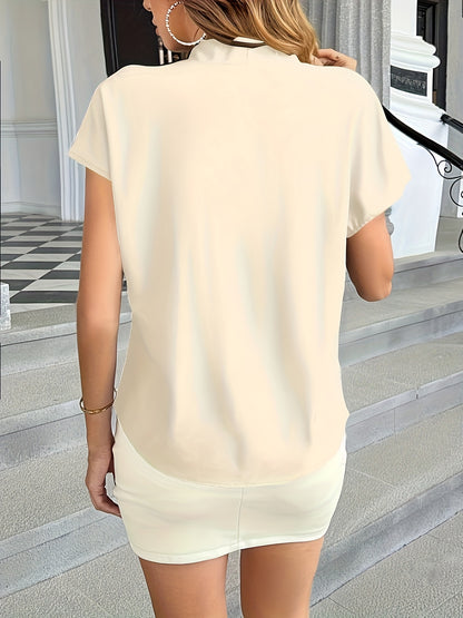 Solid V-neck Simple Blouse, Versatile Short Sleeve Blouse For Spring & Summer, Women's Clothing