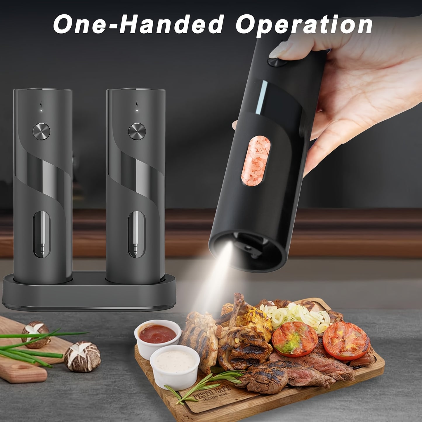 Two-piece portable electric pepper and salt grinder set, with base, USB charging, one-handed operation, adjustable coarseness, 300mAh battery capacity, interchangeable design, essential kitchen helper for cooking, perfect too